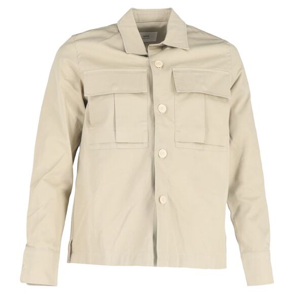 Ami Button-Down Long Sleeve Shirt with Pockets in Beige Cotton